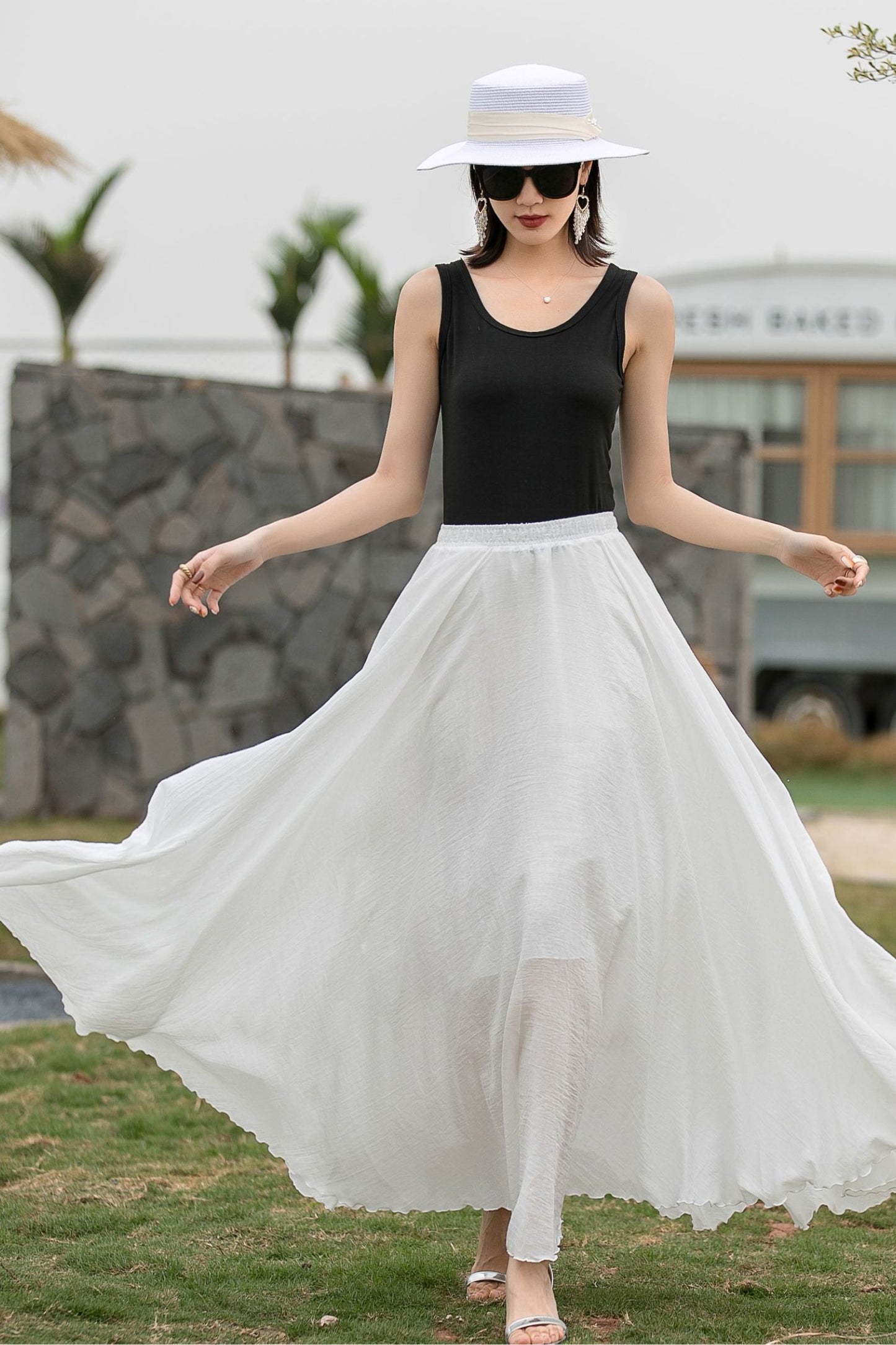 Boho Elastic Waist Pleated Maxi White Skirts 2718