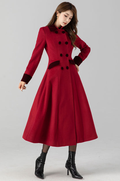 Handmade Vintage Red Wool Coat – A-Line Double Breasted Winter | Xiaolizi 4671