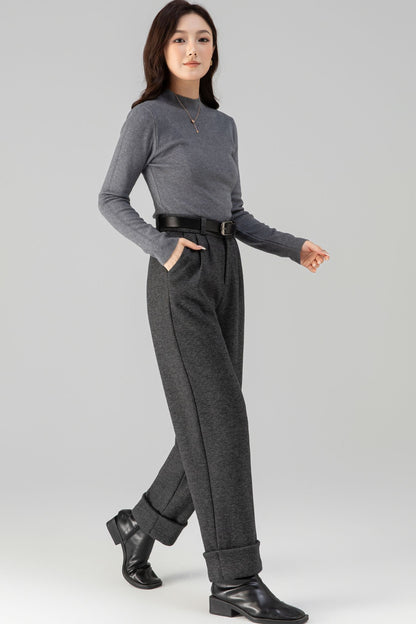 Charcoal Wool Long Pants - Warm Full-Length Tailored Fit 6461
