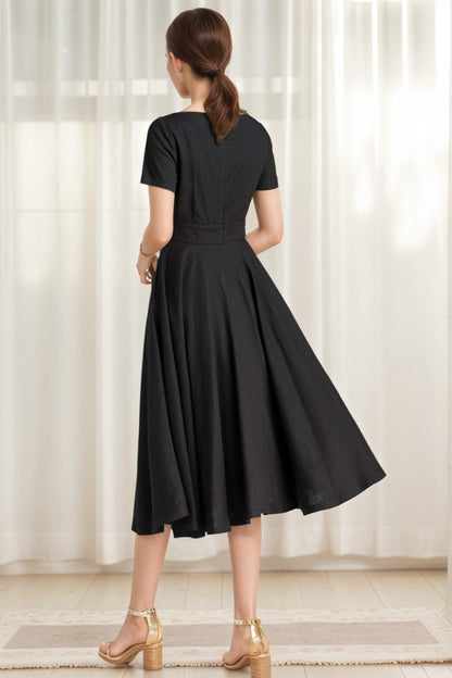 Little Black Linen Swing Dress – Boat Neck Fit and Flare Midi 6623