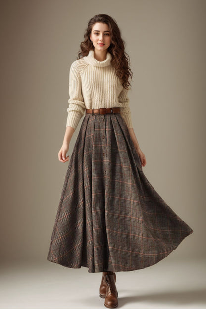 Plaid Wool Maxi Skirt – Handmade Brown Winter Full Skirt with Pockets | Xiaolizi  5251