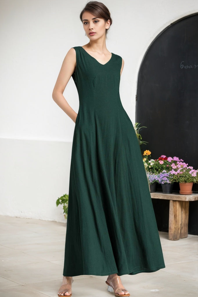 Maxi summer green linen dress women 2361