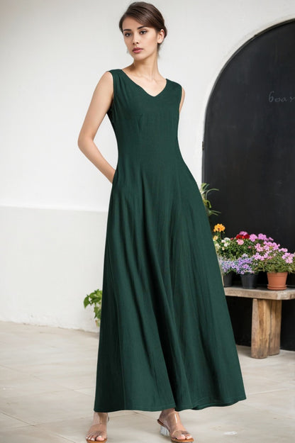 Maxi summer green linen dress women 2361