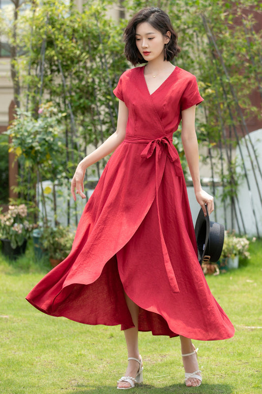 Short sleeve Burgundy Linen Wrap dress 5202