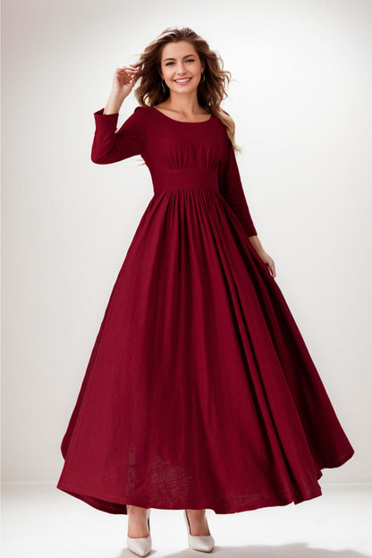 Red Linen Blend Midi Dress - High Waist Pleated Fit & Flare 5123