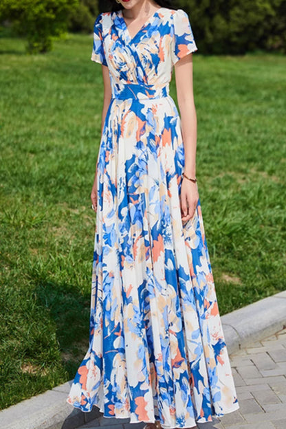 Blue Floral Chiffon Maxi Dress - V-Neck, Fitted Waist 5039