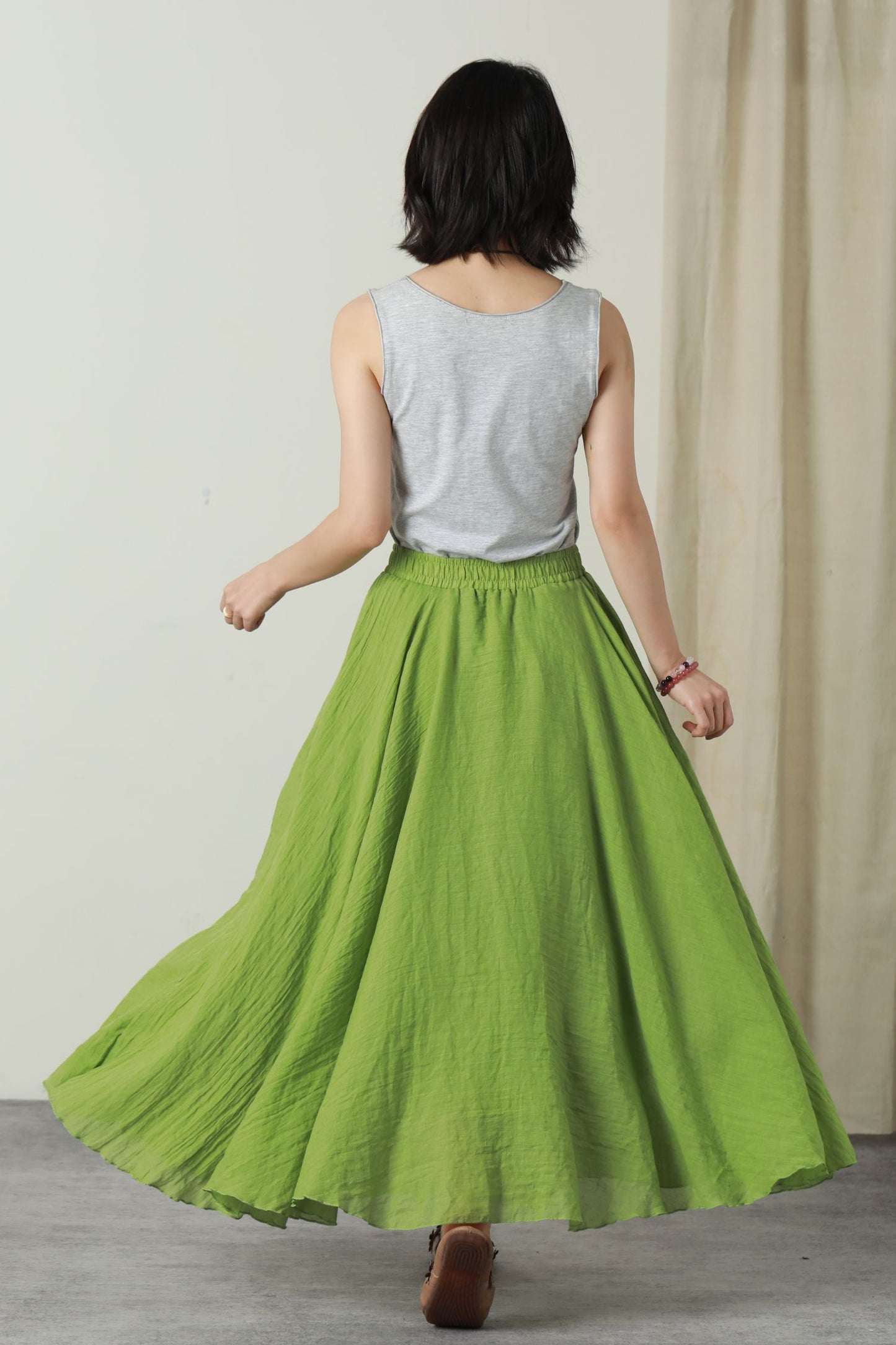 Green summer swing long linen skirt women 6177