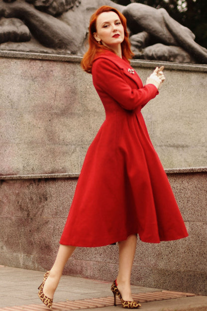 Elegant Red Wool Blend Coat – Handmade Fit & Flare Long Winter Coat | Xiaolizi 3189