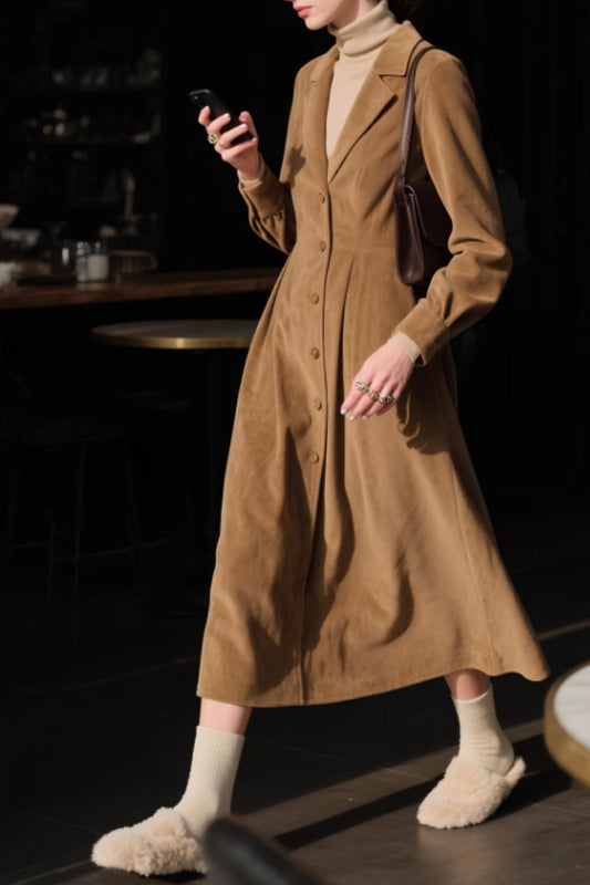 Brown Corduroy Midi Dress – Vintage Button Front Long Sleeve Dress | Xiaolizi 6647