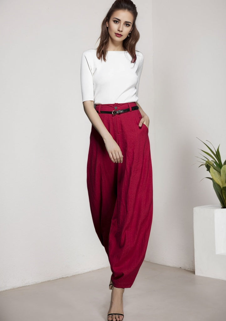 Red Ankle Length Linen Cotton Tapered Pants 1336