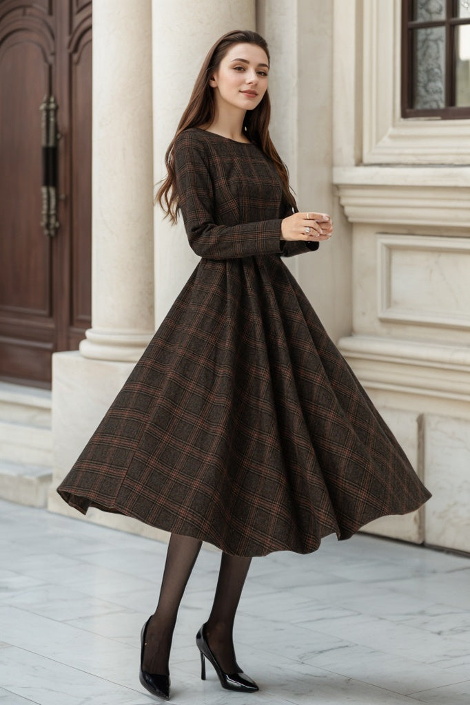 Retro Plaid Wool Midi Dress A-Line Silhouette for Fall Style 5303 Xiaolizi Retro Plaid Wool Midi Dress A-Line Silhouette for Fall Style 5303 Xiaolizi