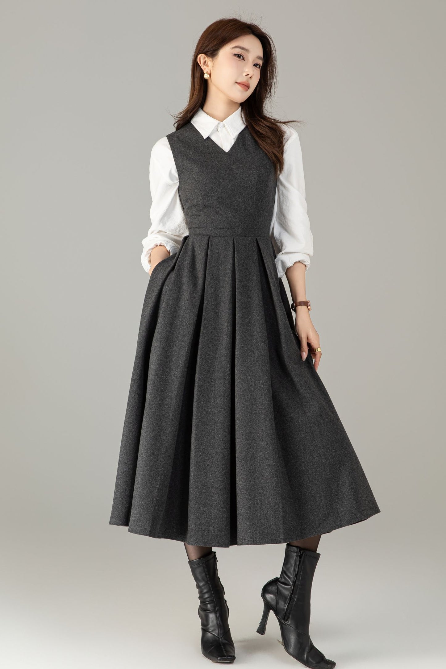 Handmade Wool Blend A-Line Midi Dress – Vintage Winter Swing Style | Xiaolizi 6498