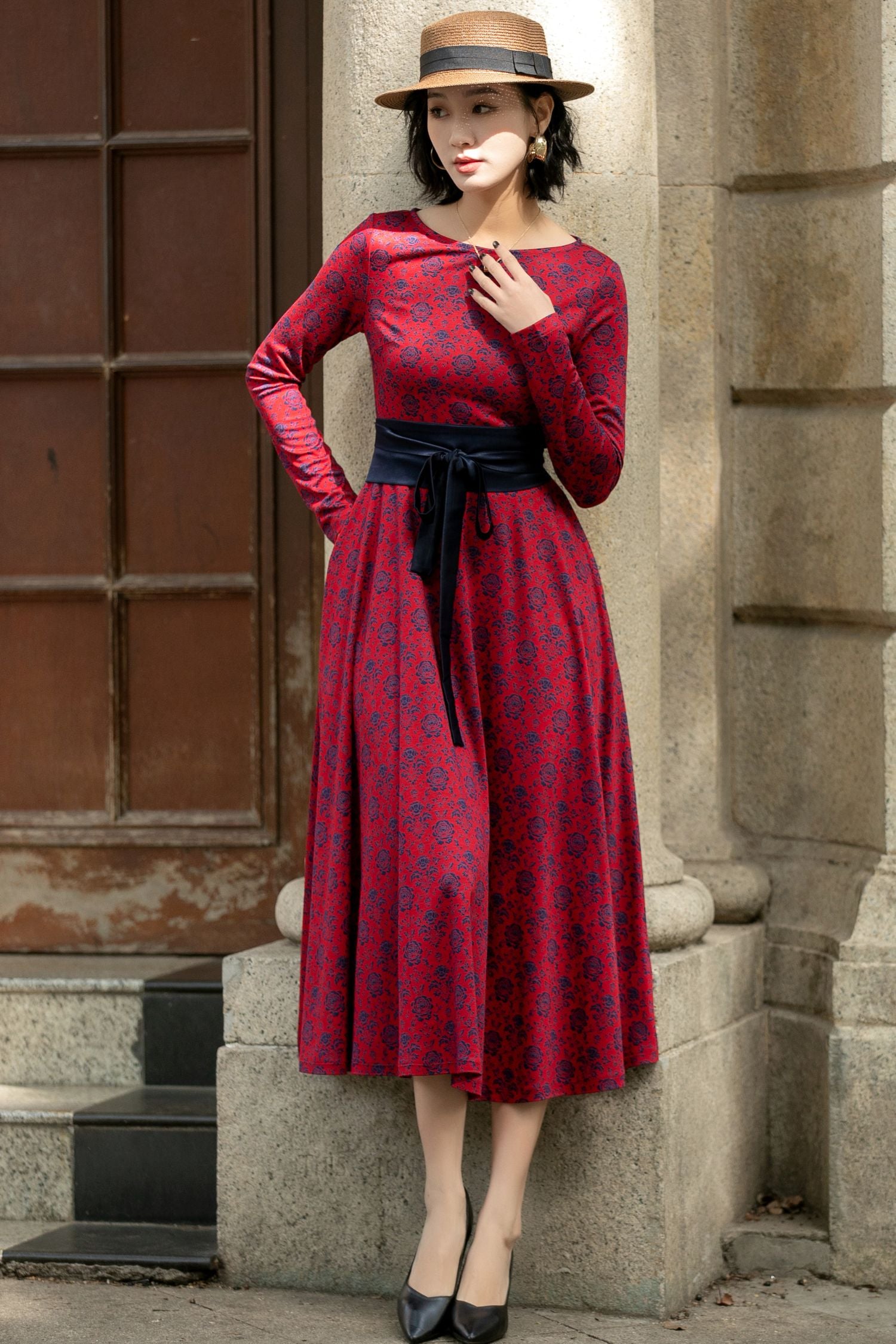 Stretch Floral Belted Midi Dress – Spring/Summer