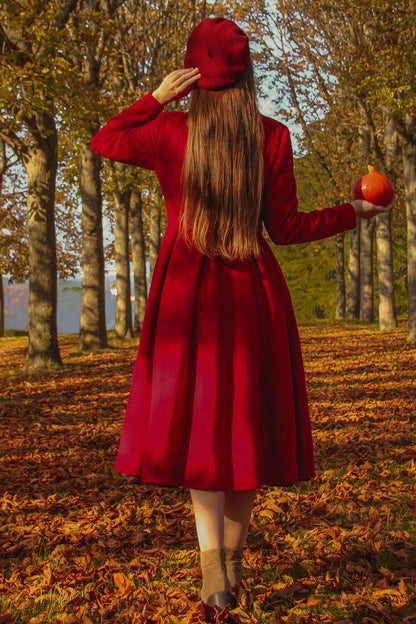 Handmade Red Wool Coat – Vintage Princess Winter Maxi Overcoat 3219