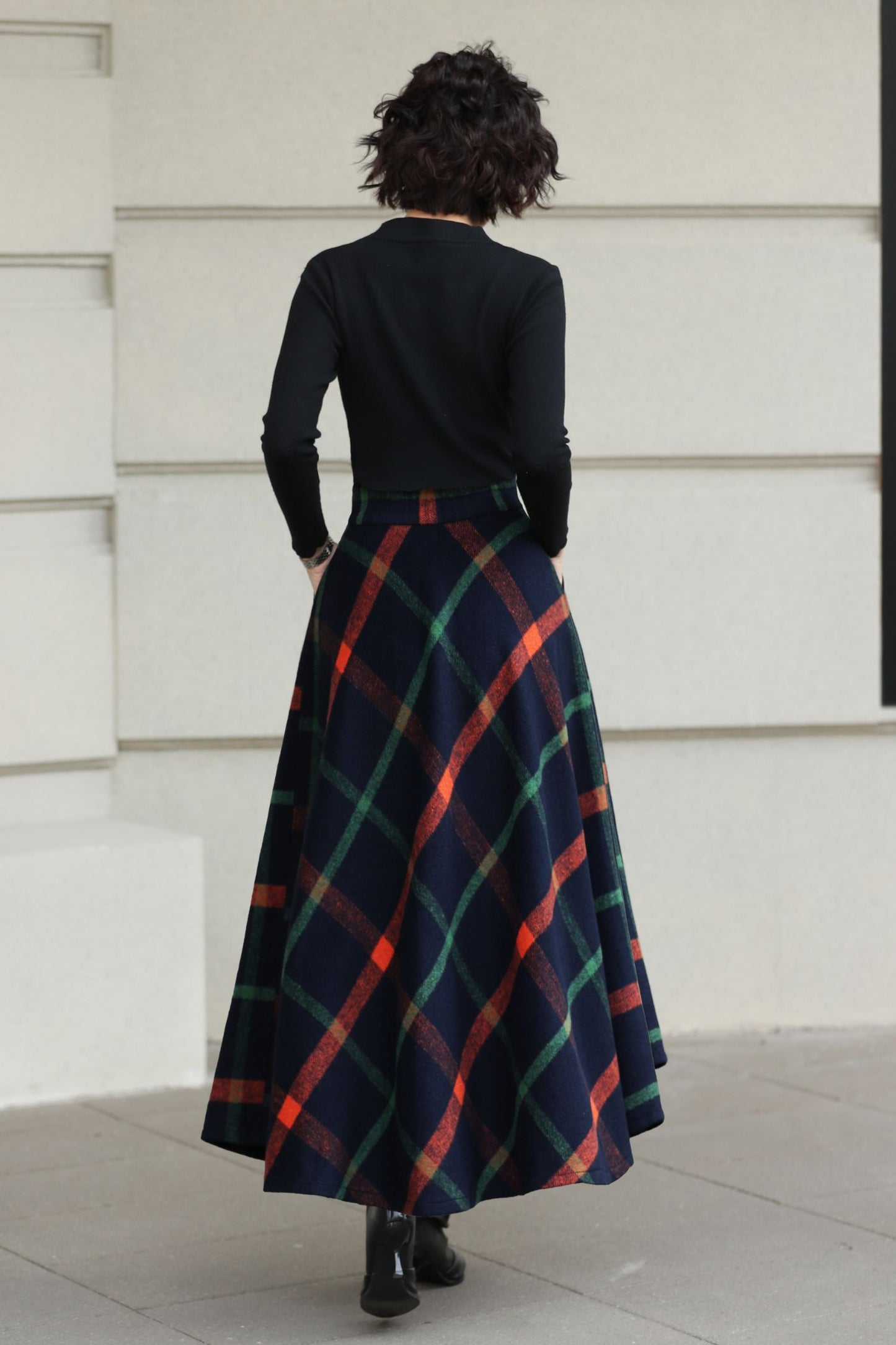 Xiaolizi Plaid Wool Maxi Skirt for Women – Handmade A-Line Winter Swing Skirt 6619