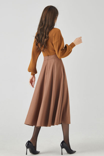 Vintage Swing Wool Skirt – Handcrafted Brown High Waist Midi Skirt for Autumn and Winter 4535