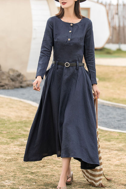 Long sleeves spring linen dress with pockets 2860
