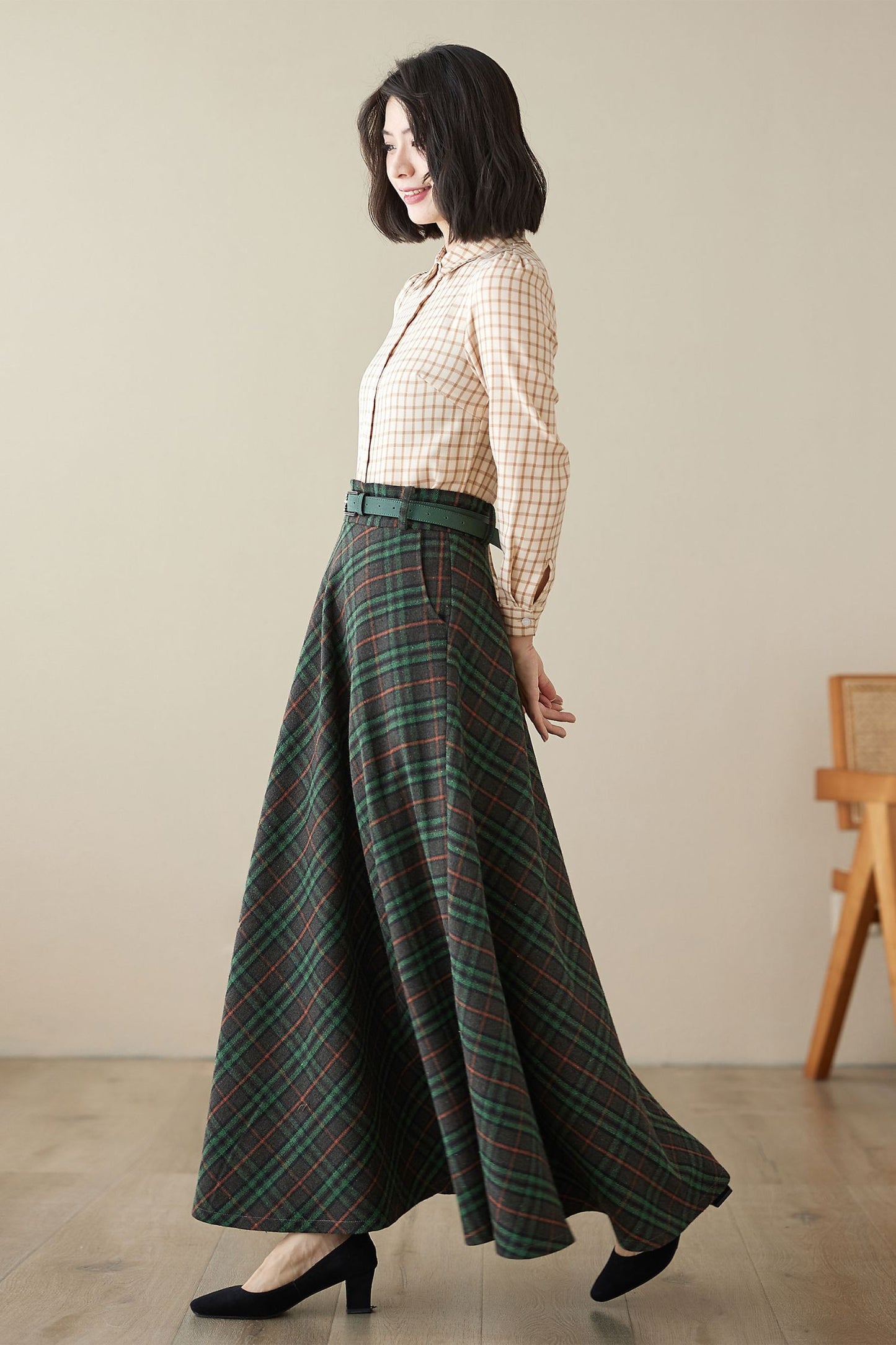 Swing Long wool plaid skirt 4624