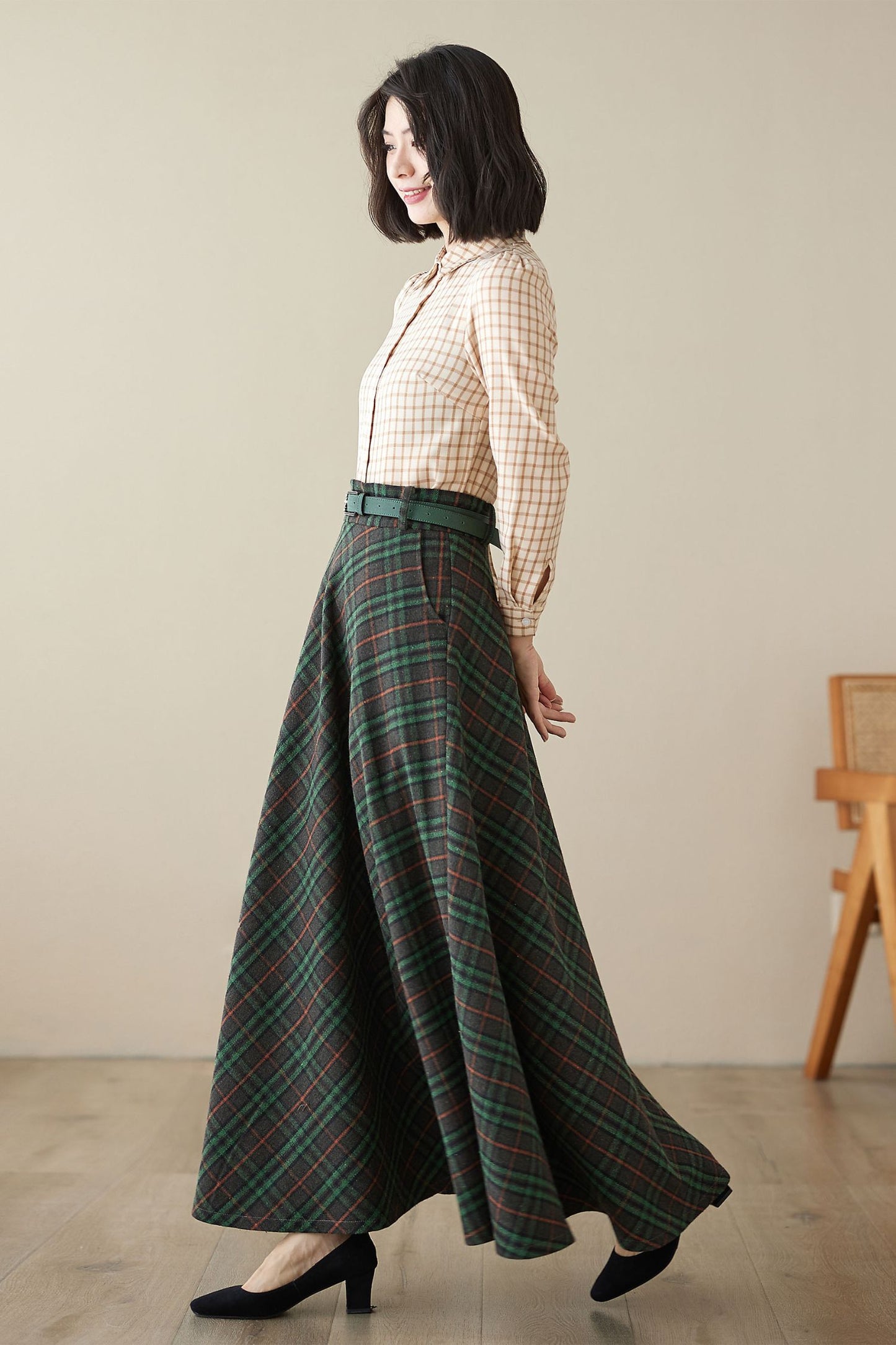 Swing Long wool plaid skirt 5260