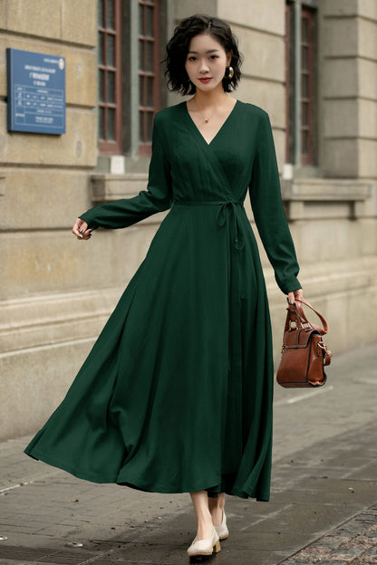 Handmade Linen Cotton Wrap Midi Dress – Vintage Elegant V-Neck Swing Dress 6300
