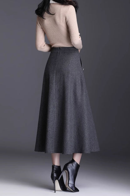 Black & Gray Wool A-Line Midi Skirt - High Waist, Pockets 6133