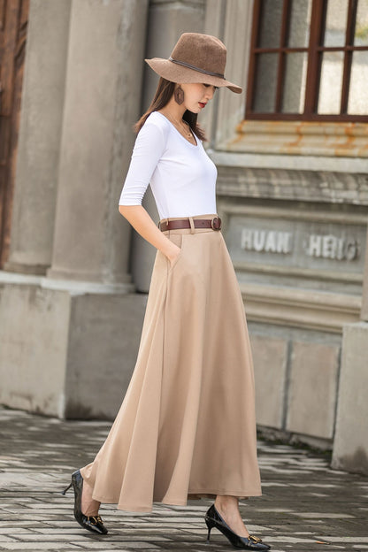Handmade Women's Beige High-Waisted Linen Maxi Skirt  2780