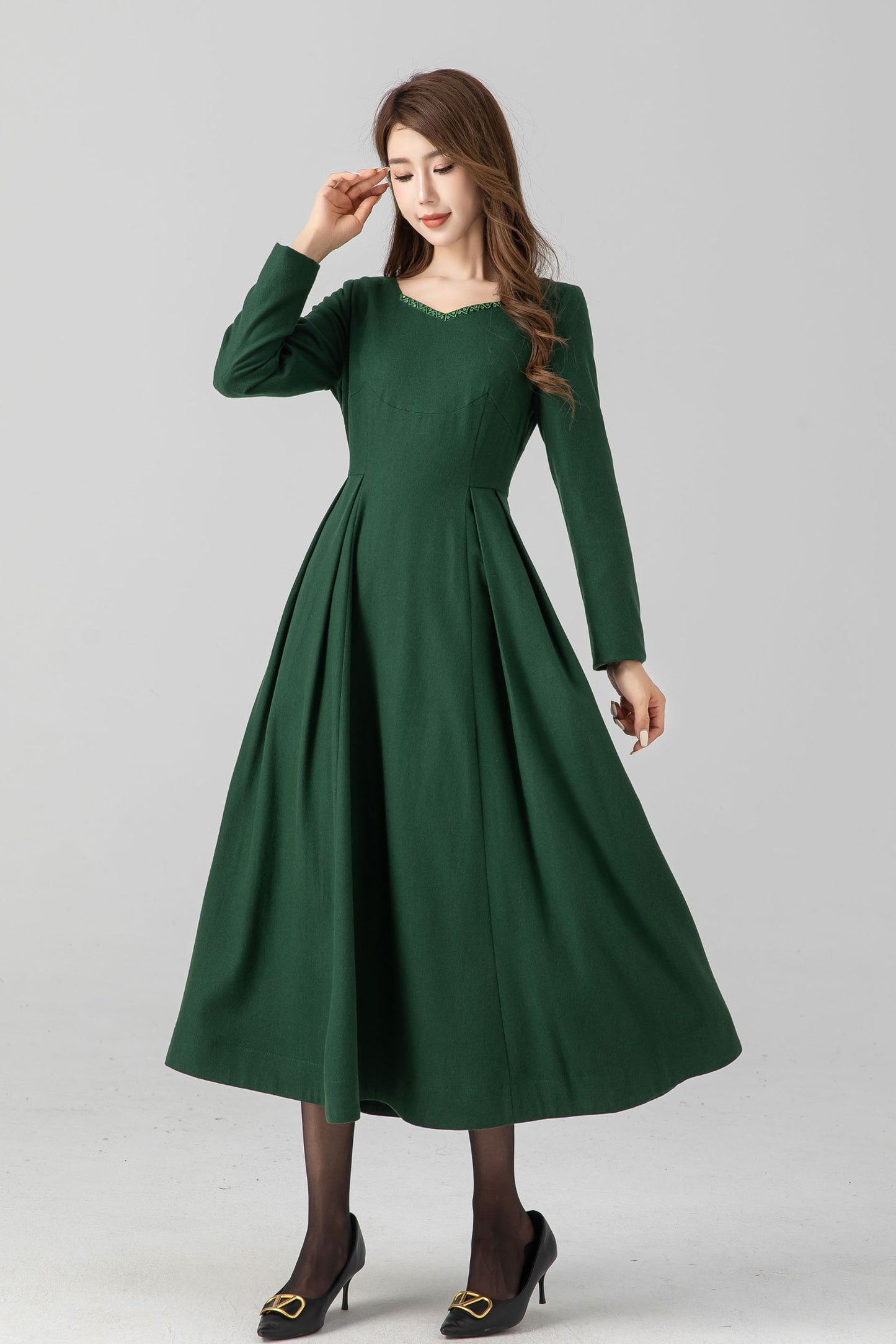 Green fit and flare midi wool dress women 4670