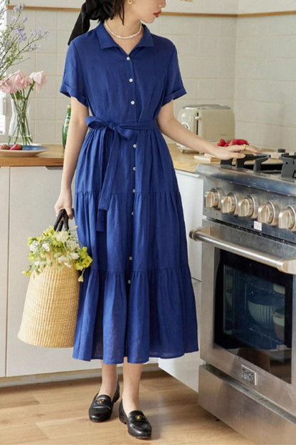 Navy Blue Linen Shirt Dress - Tiered Skirt with Tie Belt Waist 4844