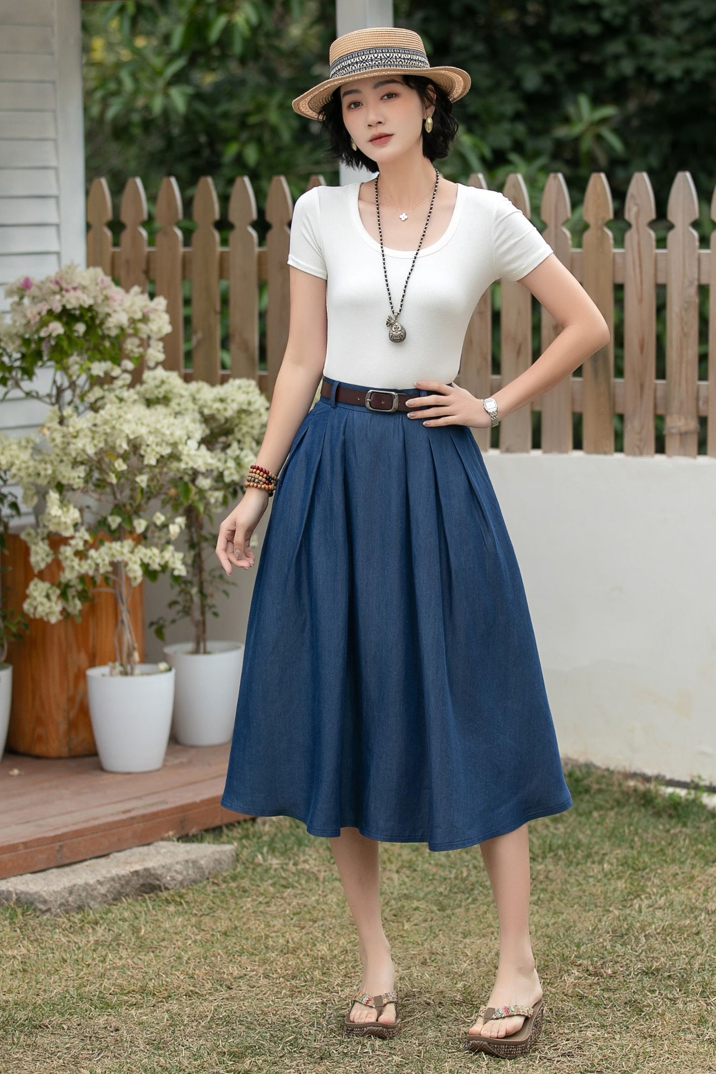 Xiaolizi Tencel Denim Midi Skirt – Vintage High Waist A-Line 6697 Size XS #CK2600181