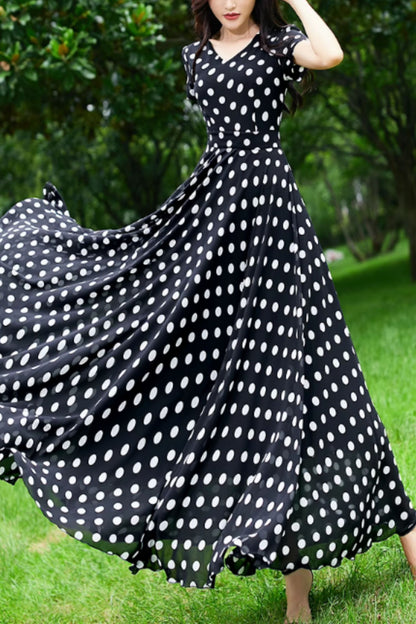 Black and white maxi polka dot chiffon dress 5156