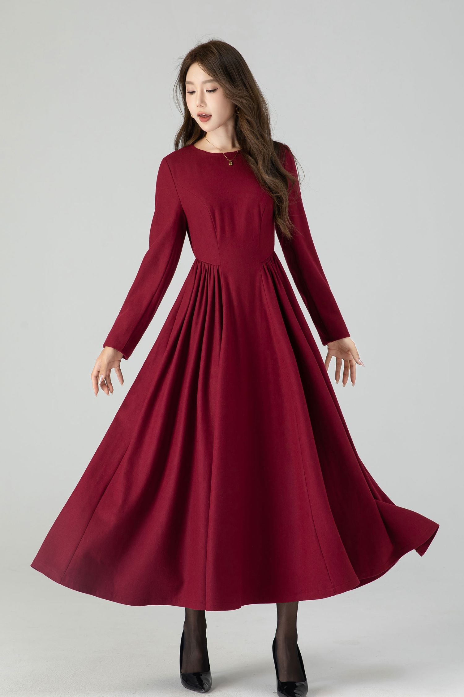 Fit and flare burgundy wool dress women 4545 – Xiaolizi
