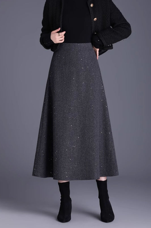 A line midi winter wool Sequined Skirt 6140
