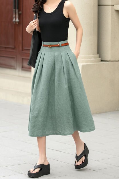 Green Linen Cotton Pleated Midi Skirt - A-Line Silhouette 4958