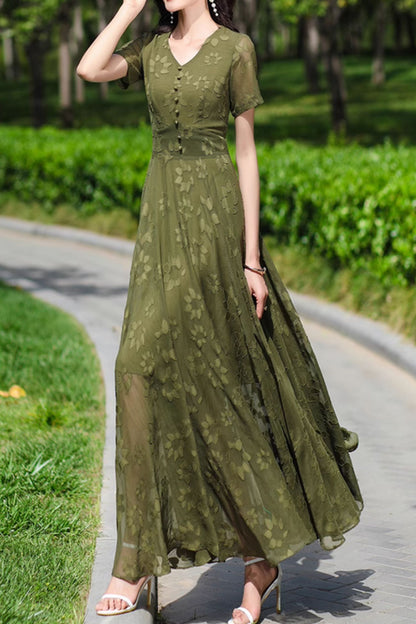 Olive Chiffon Maxi Dress - Fit and Flare Silhouette with V-Neckline 5085