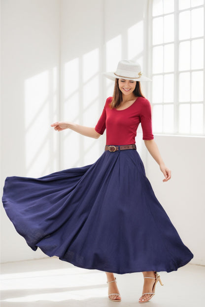 Navy a line Linen Maxi Skirt with Pockets  2778