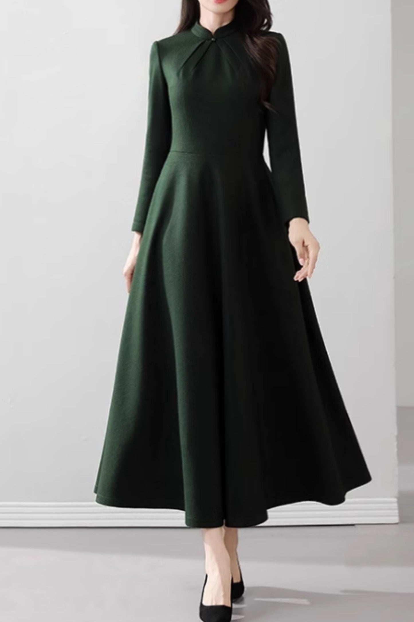 Green long wool dress with mandrain collar 5536