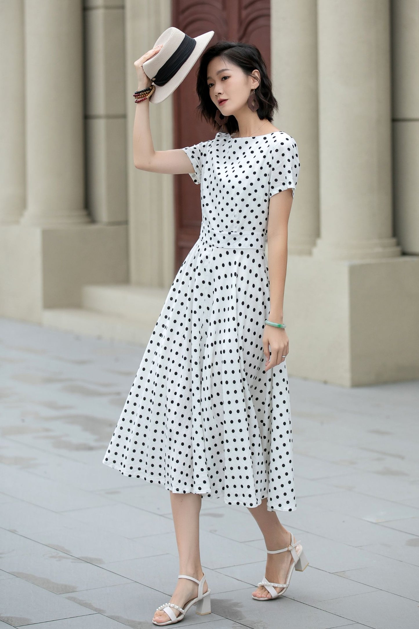 Black and white polka dot summer linen dress 5225