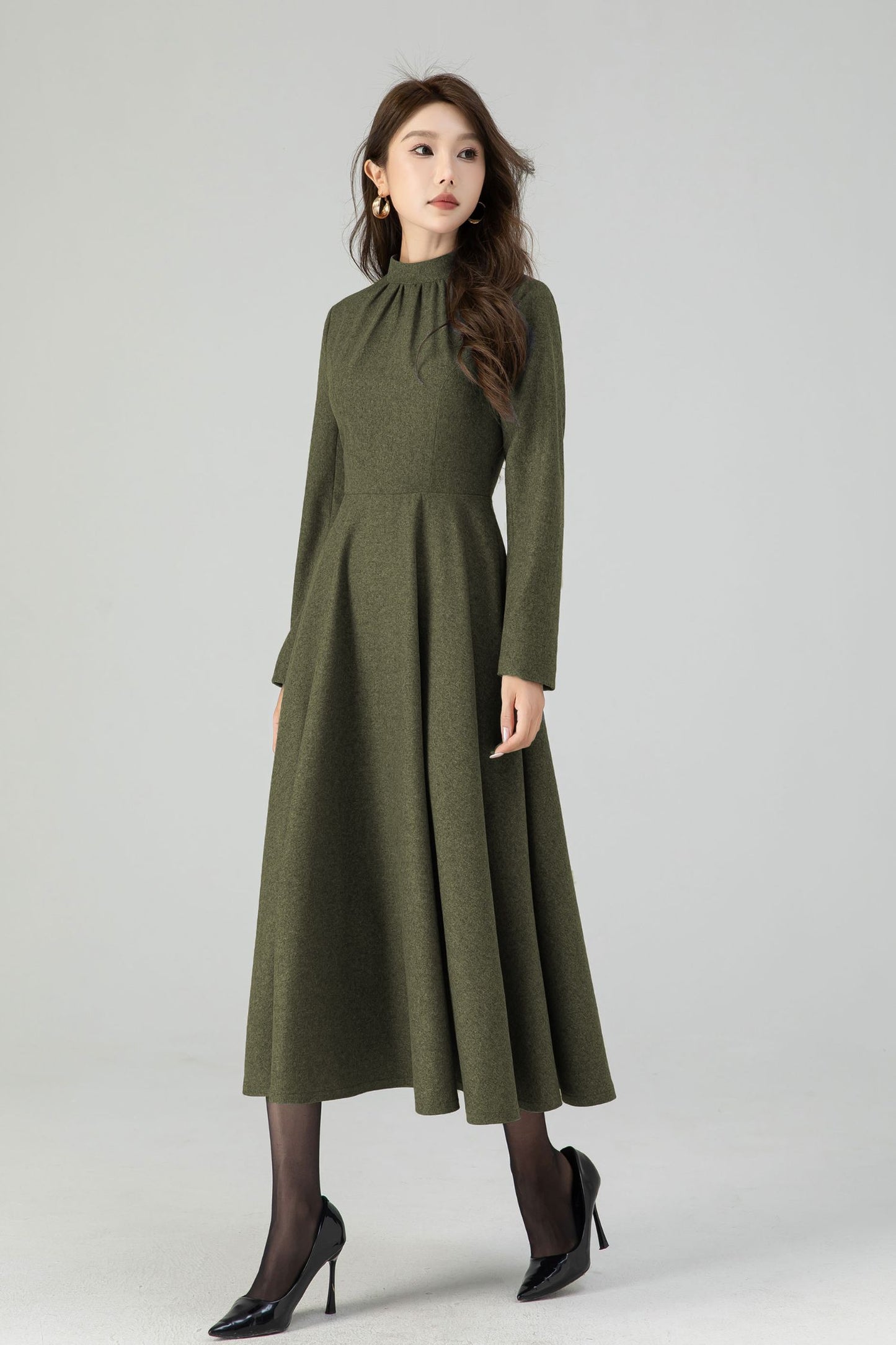 Retro army green swing wool dress 5441