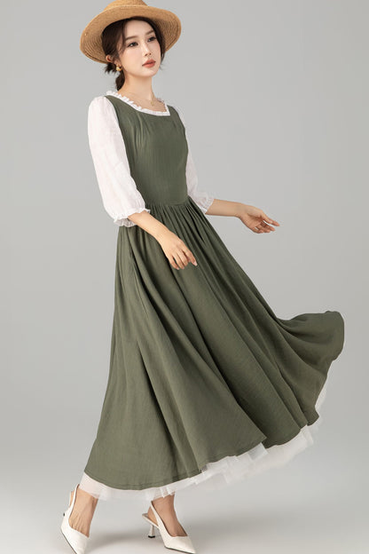 Army Green Linen Cotton Midi Dress - Square Neck Ruffle | Xiaolizi 5705