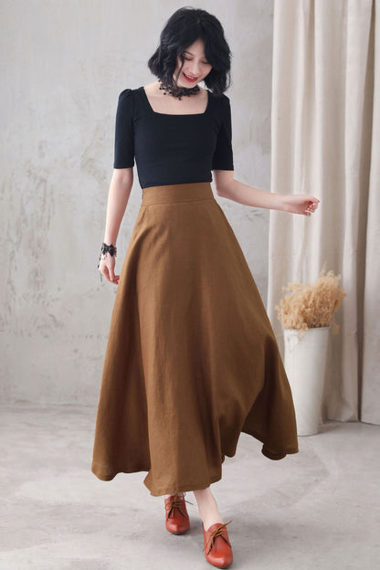 Brown Linen Maxi Skirt - High Waist A-Line with Pockets 3286