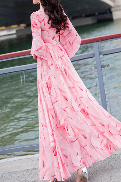 Pink Chiffon Maxi Dress - High Waist Flowy Silhouette 5035