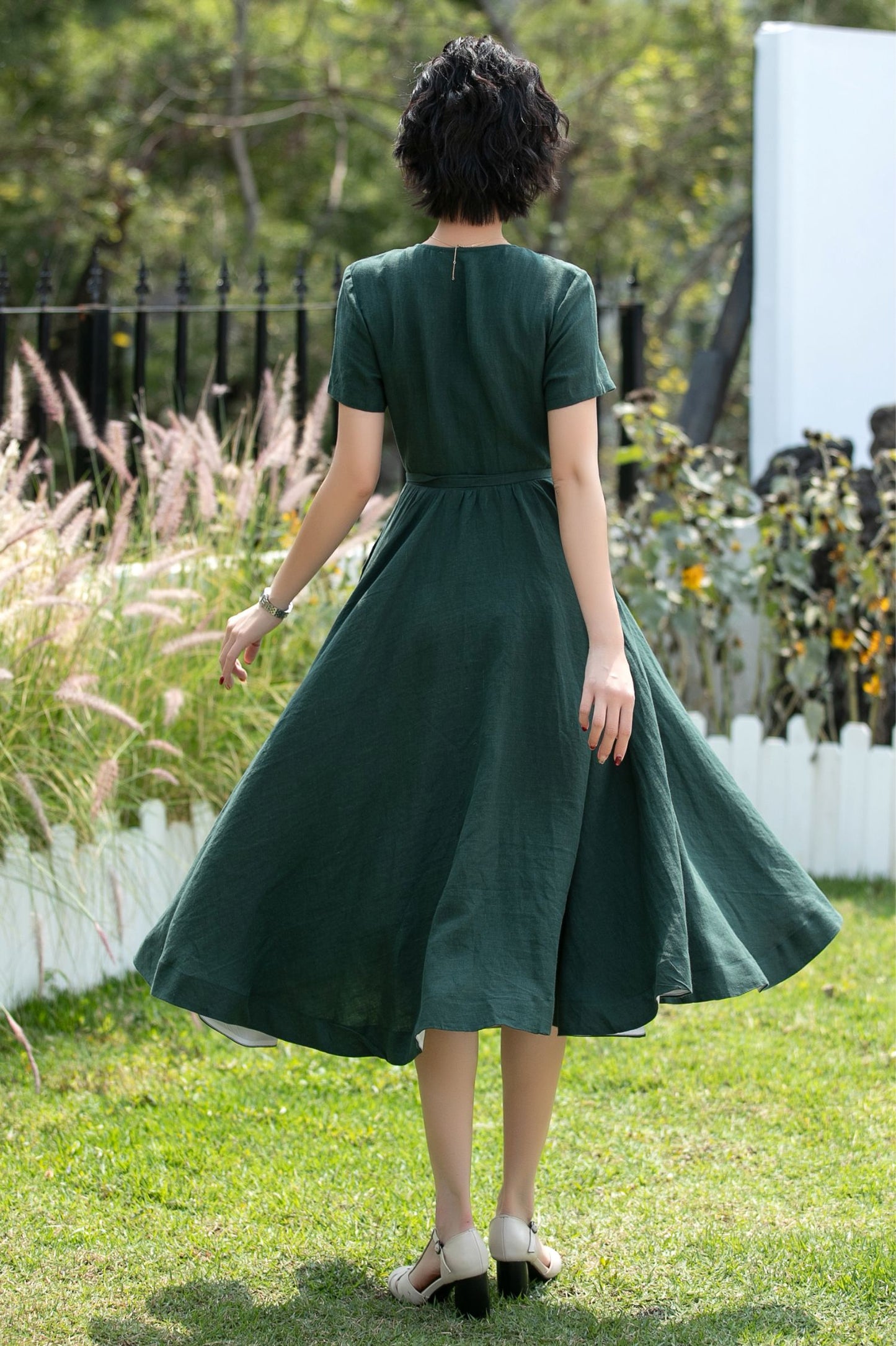 V-Neck Linen Fit and Flare Midi Dress | Xiaolizi 6739 - Size XS #CK2600280