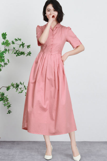 Pink Linen Cotton Midi Dress - Fit and Flare, Pleated Waist 5734