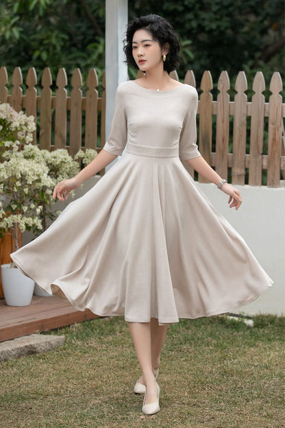 Beige Linen Midi Dress – Handmade Vintage A-Line Fit & Flare Dress with Pockets | Xiaolizi 6700 -Size XS #CK2600184