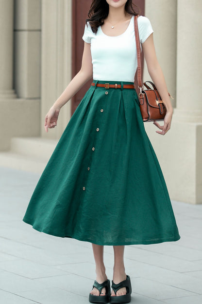Green Linen A-Line Midi Skirt - Button Front Detail 4967