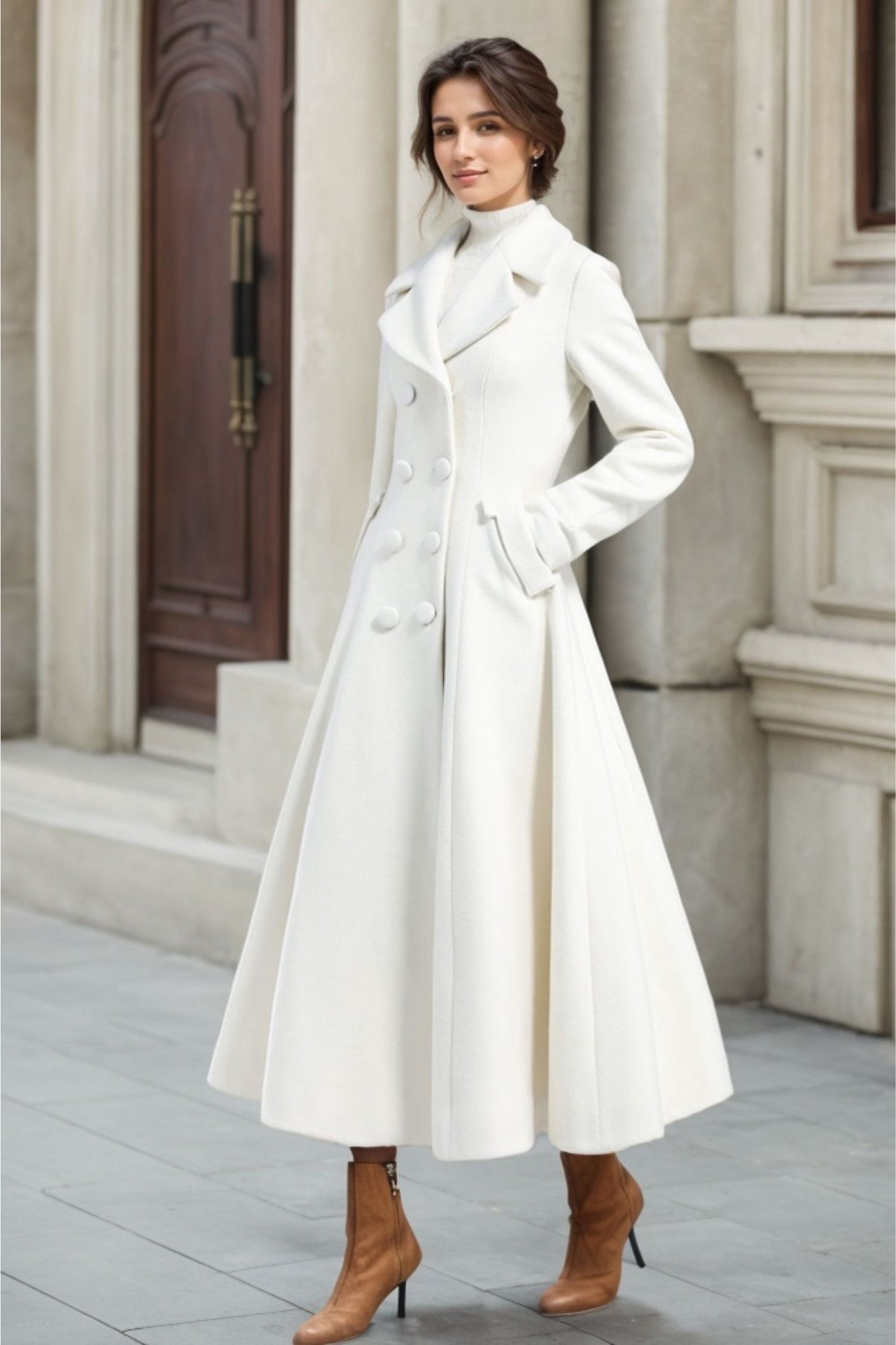 White Double Breasted Long Wool Coat 3235