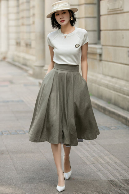 Handmade Linen Circle Skirt – High Waist Pleated Midi Skirt for Spring Summer 5680