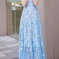 Blue floral printed long chiffon dress  5042