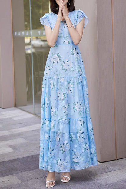 Blue Chiffon Maxi Dress - Floral Print, Cape Sleeves 5042