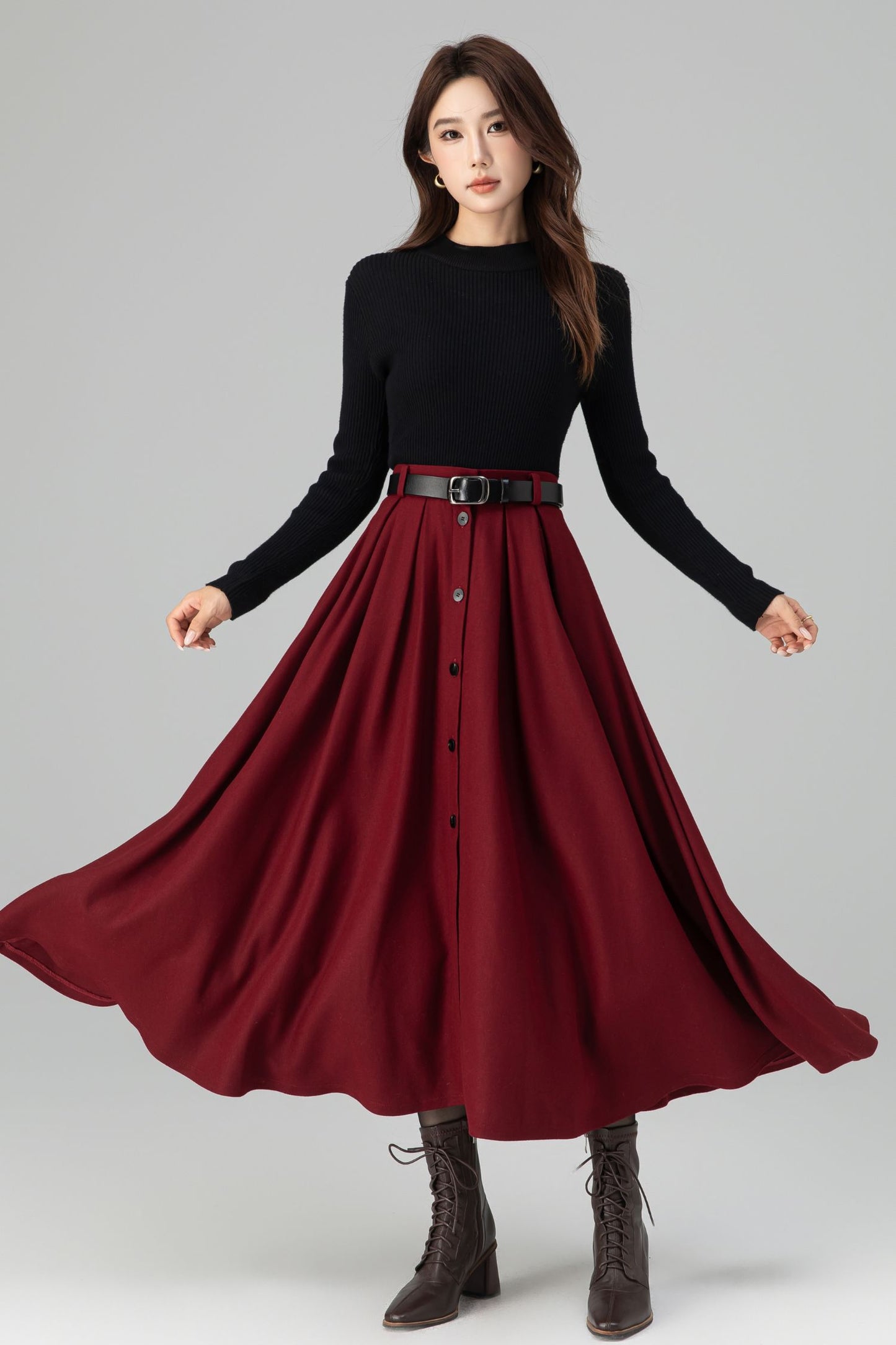 Burgundy Wool Midi Skirt – Vintage Button Front High Waisted Winter Skirt with Pockets 6395